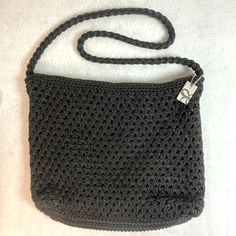 Lina Crochet Shoulder Bag Purse Black Hobo Boho Crossbody w/Charm